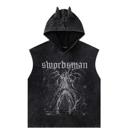 Washed Sleeveless Hooded Tank Top featuring a dark graphic design and edgy hooded style.