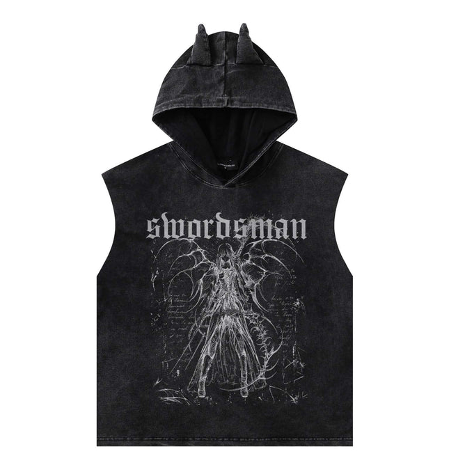 Washed Sleeveless Hooded Tank Top featuring a dark graphic design and edgy hooded style.