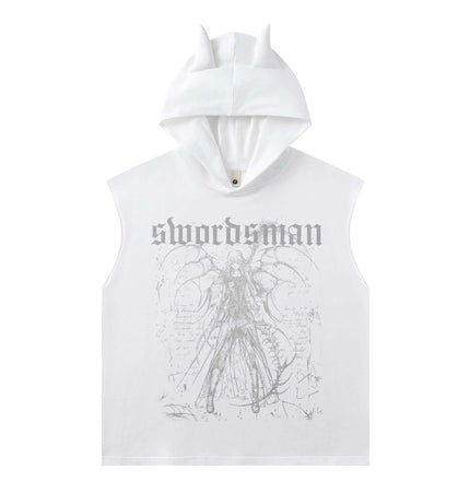 Washed Sleeveless Hooded Tank Top with graphic print and hood, perfect for summer street style.