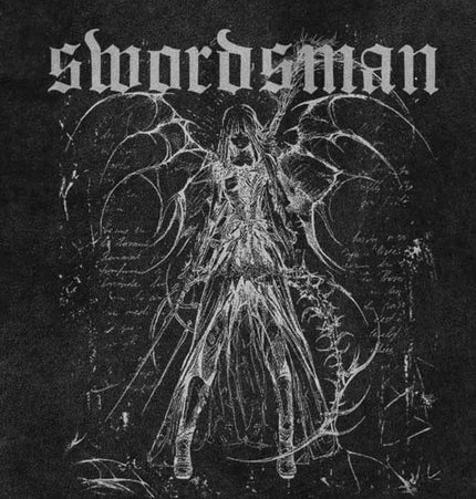 Artistic illustration of a swordsman with wings, featuring gothic text in a dark style.