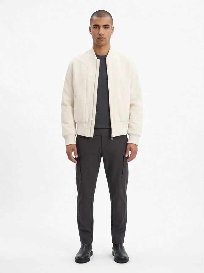 Front view of the Maison Grozavu Quartz Jacket Loom in jacket — showing the sleek silhouette.