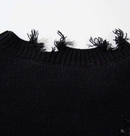 Tassel Distressed Knit Sweater – Loose Fit close-up showing neckline and distressed details.
