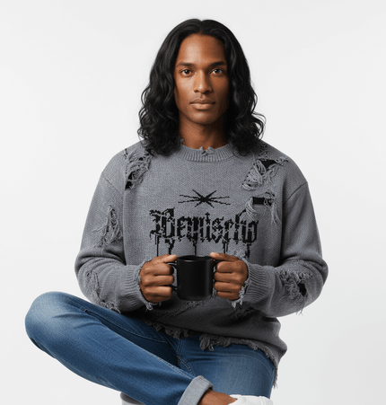 Tassel Distressed Knit Sweater – Loose Fit worn by a model holding a black mug, showcasing a relaxed style.