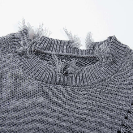 Tassel Distressed Knit Sweater – Loose Fit showing rugged distressed texture and tassel details.