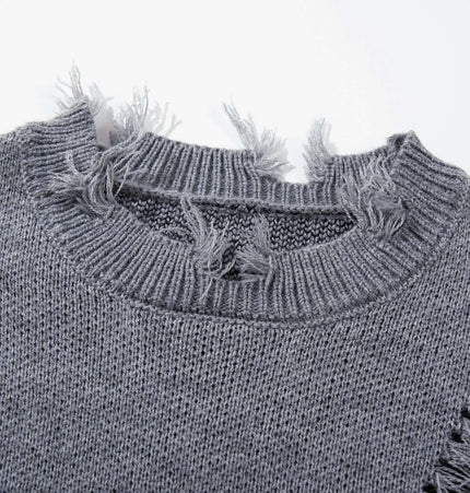 Tassel Distressed Knit Sweater – Loose Fit showing rugged distressed texture and tassel details.