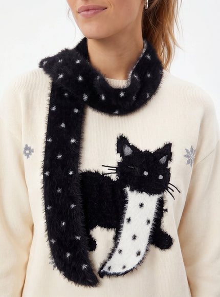 Model wearing Apricot cute cat knit sweater pattern by Grozavu