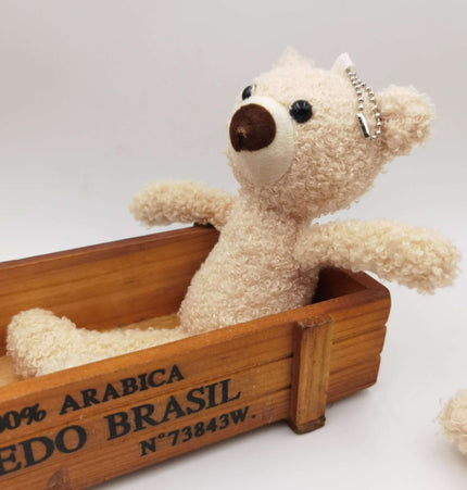 Teddy Bear Plush Keychain – 20cm sitting in a wooden box, showcasing its cute design and soft fabric.