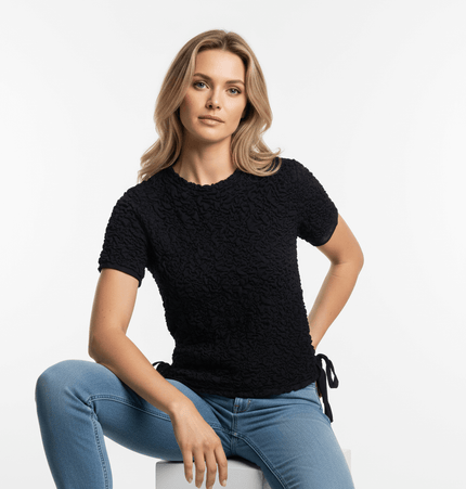 Texture Knitted Bow Round Neck Top in black, featuring a stylish knit texture and bow detail.