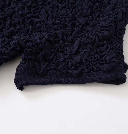 Texture Knitted Bow Round Neck Top close-up of knit texture and edge details in navy blue.