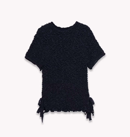 Texture Knitted Bow Round Neck Top in black with stylish bow details and textured fabric.