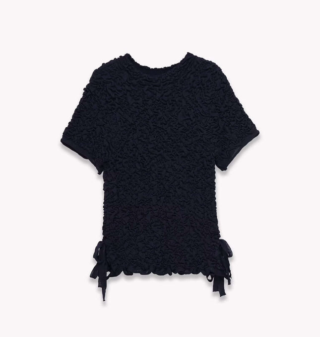 Texture Knitted Bow Round Neck Top in black with stylish bow details and textured fabric.