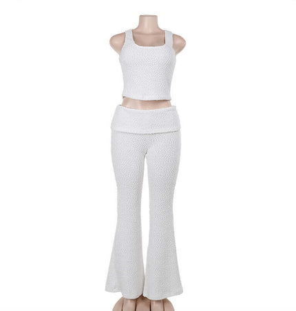 Textured Vest Pants Suit – Casual Fit displayed on mannequin in white, featuring a sleeveless vest and flared pants.