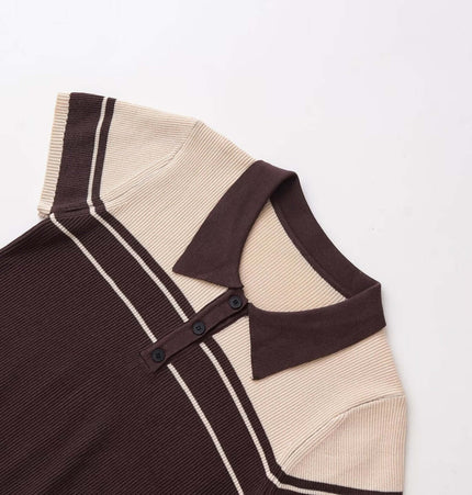 Threaded Knit Polo Collar Top – Loose Fit in a modern color-block design with a classic polo collar and three-button placket.
