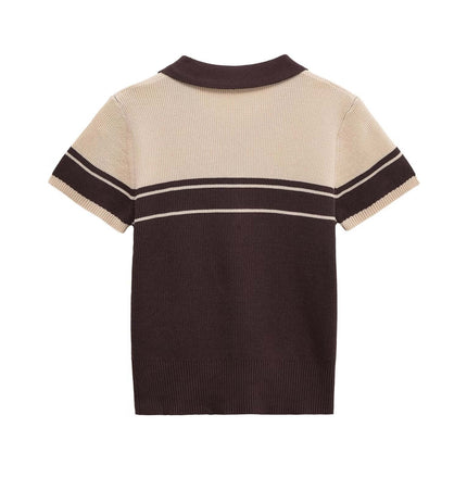 Threaded Knit Polo Collar Top – Loose Fit in modern color-block design, featuring classic polo collar and loose-fit silhouette.