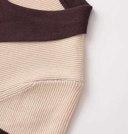 Close-up of the Threaded Knit Polo Collar Top – Loose Fit showing the knit texture and color-block design.