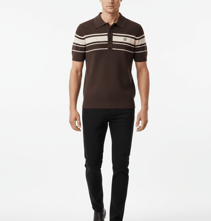 Threaded Knit Polo Collar Top – Loose Fit on a model, featuring a classic polo collar and modern color-block splicing.