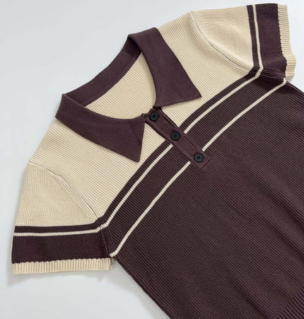 Threaded Knit Polo Collar Top – Loose Fit in modern color-block design with classic polo collar.