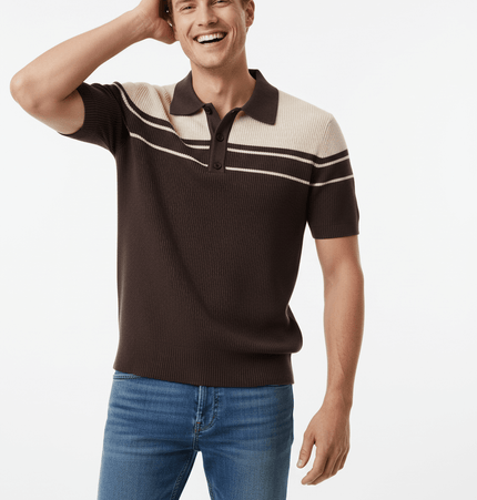Stylish model wearing Threaded Knit Polo Collar Top – Loose Fit with a smiling expression.
