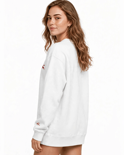 Three-quarter back view of the White brushed fleece crewneck