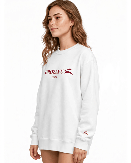 Three-quarter view of the White 350 g/m² organic cotton crewneck