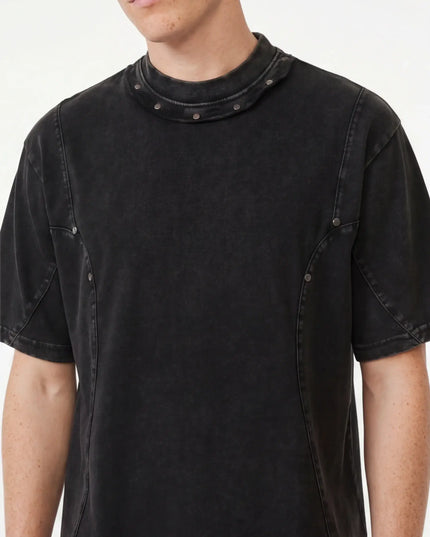 Maison Grozavu Ghost Tee Cut in black — front view showing the structured collar construction