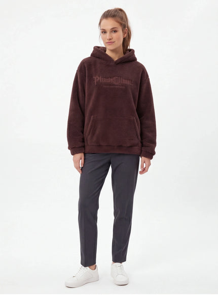 Model wearing Apricot arctic fleece hooded sweatshirt by Grozavu