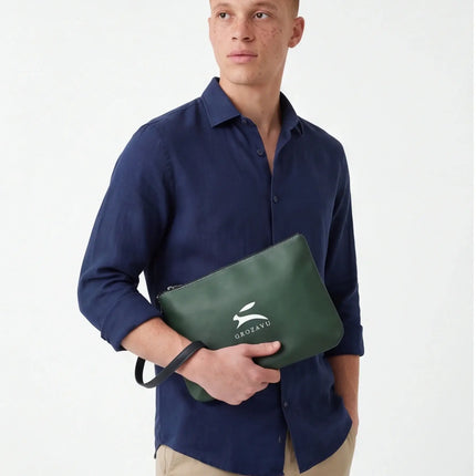 Front view of the Maison Grozavu Artisanal Clay Bag in bag — showing the clean lines.
