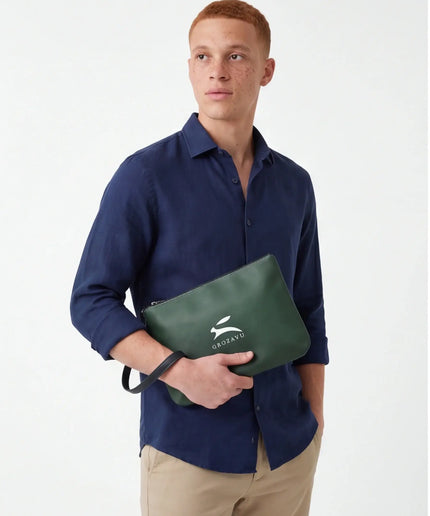 Front view of the Maison Grozavu Artisanal Clay Bag in bag — showing the clean lines.