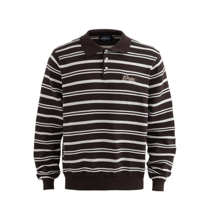 Turn-Down Collar Stripe Sweater featuring bold stripe detailing and letter embroidery in a relaxed fit.