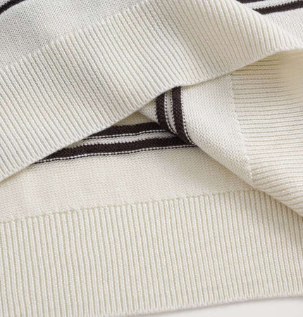 Turn-Down Collar Stripe Sweater showing high-quality knit fabric with bold stripe detailing and relaxed fit.