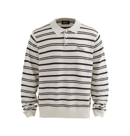 Turn-Down Collar Stripe Sweater with bold stripes and letter embroidery for a relaxed streetwear style.