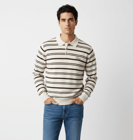 Turn-Down Collar Stripe Sweater featuring bold stripes and letter embroidery on a model, perfect for relaxed streetwear style.