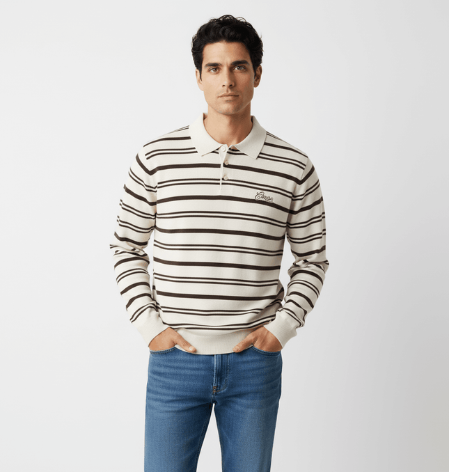 Turn-Down Collar Stripe Sweater featuring bold stripes and letter embroidery on a model, perfect for relaxed streetwear style.