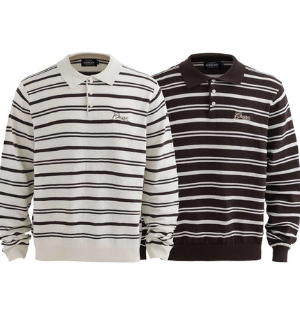 Turn-Down Collar Stripe Sweater in black and white stripes, showcasing stylish letter embroidery and relaxed fit.