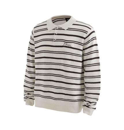 Turn-Down Collar Stripe Sweater showcasing bold stripe pattern and letter embroidery for a stylish casual look.