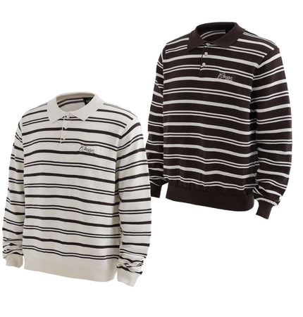 Turn-Down Collar Stripe Sweater in two color variations featuring bold stripes and letter embroidery.