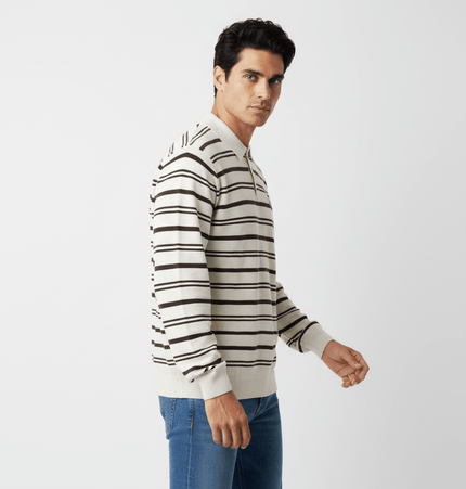 Turn-Down Collar Stripe Sweater worn by a model, showcasing a relaxed streetwear style with bold stripes.