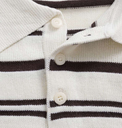 Turn-Down Collar Stripe Sweater close-up showcasing buttons and bold stripe detailing.