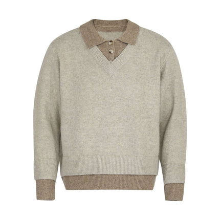 Two-Piece Style Knit Sweater – Loose Fit in beige with mock collar and button details for casual streetwear.