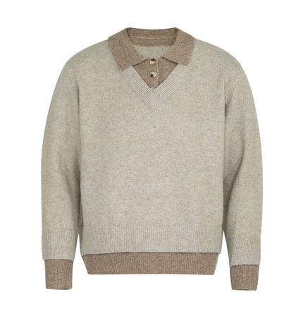 Two-Piece Style Knit Sweater – Loose Fit in beige with mock collar and button details for casual streetwear.