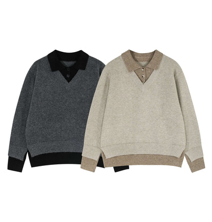 Two-Piece Style Knit Sweater – Loose Fit in gray and beige with classic turn-down collars.