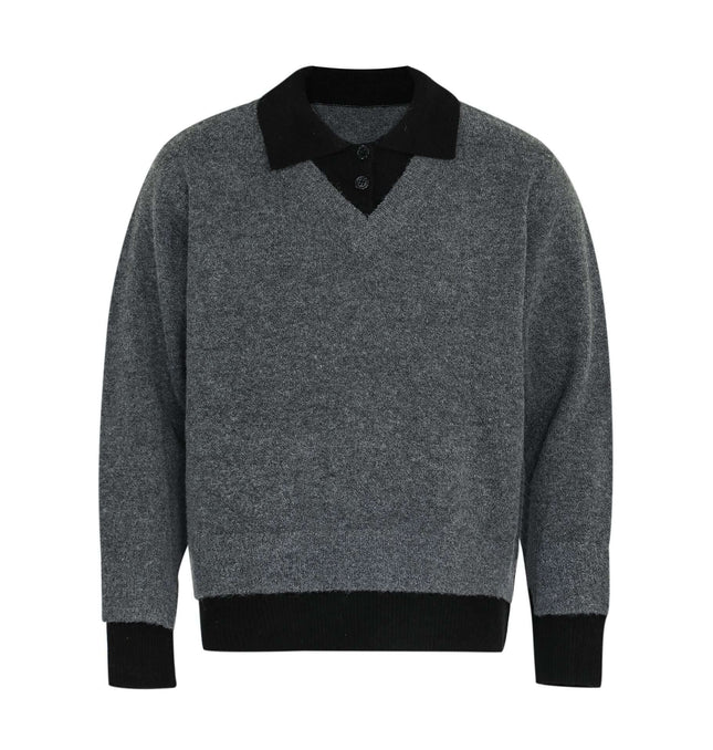 Two-Piece Style Knit Sweater – Loose Fit in grey with black collar, featuring a comfortable and stylish design for streetwear.