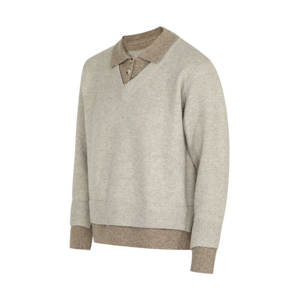 Two-Piece Style Knit Sweater – Loose Fit featuring a casual mock two-piece design and a classic turn-down collar.