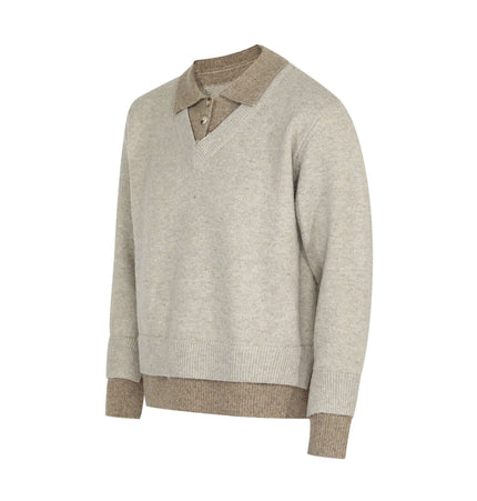 Two-Piece Style Knit Sweater – Loose Fit featuring a casual mock two-piece design and a classic turn-down collar.
