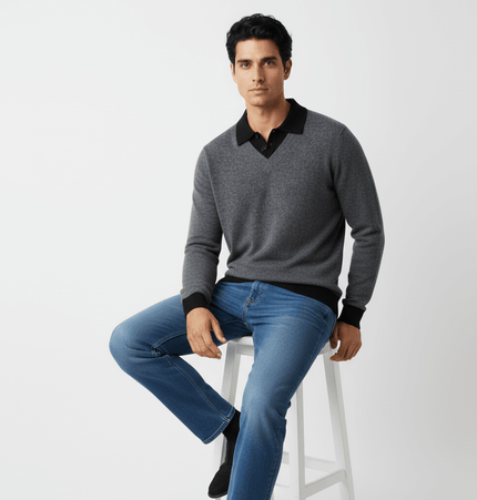 Two-Piece Style Knit Sweater – Loose Fit worn by a model, featuring a classic turn-down collar and relaxed look.