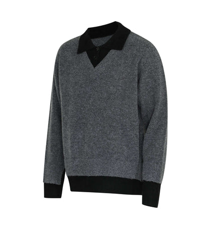 Two-Piece Style Knit Sweater – Loose Fit in grey with black collar and sleeves, designed for modern street style.