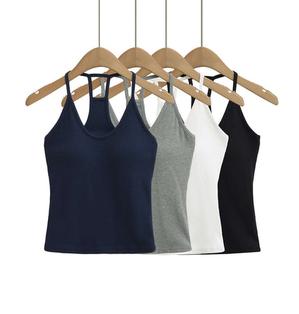 UNeck Crop Tank Top – Slim Fit in navy, gray, white, and black hanging on wooden hangers.
