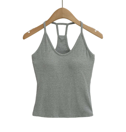 UNeck Crop Tank Top – Slim Fit in gray hanging on a wooden hanger, showcasing a chic and casual style.