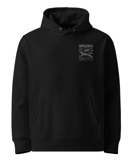 Grozavu Essential Eco Hoodie in black organic cotton with a small print on the chest, front view