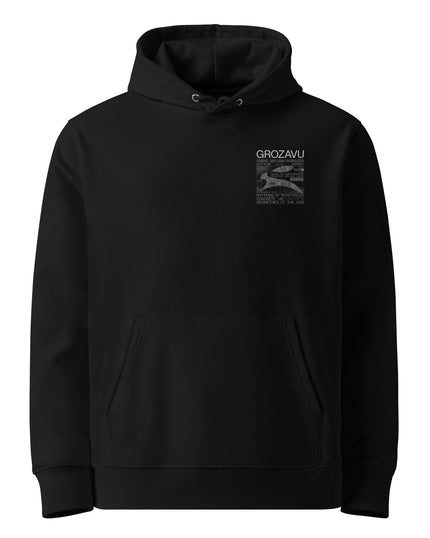 Grozavu Essential Eco Hoodie in black organic cotton with a small print on the chest, front view